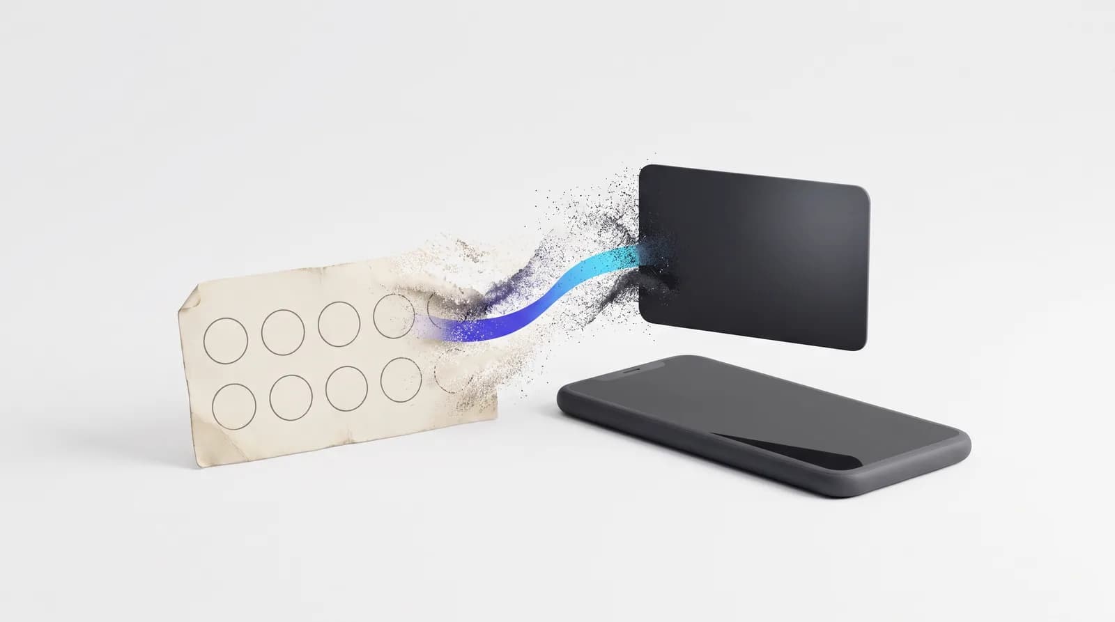 Une carte à tampons en papier se désagrège et se reforme en carte de fidélité dans un téléphone