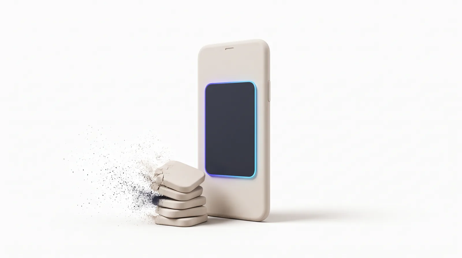 Des tuiles d’applications se désagrègent à côté d’un téléphone qui n’affiche qu’une carte de fidélité